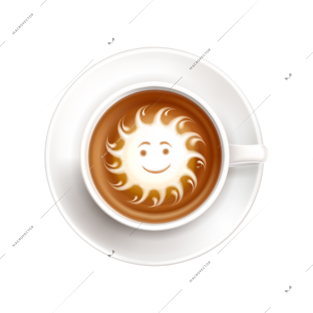 Cup of coffee on saucer with latte art top view with milk foam in shape of cute sun realistic vector illustration