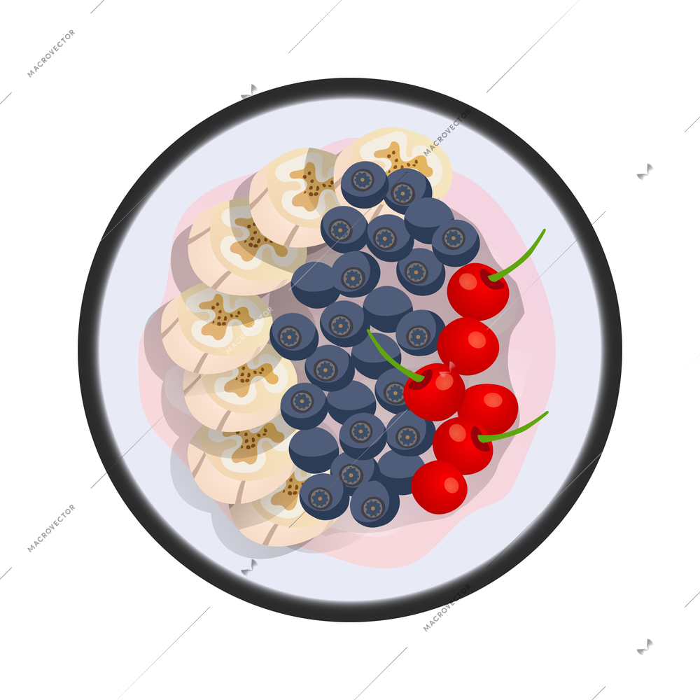 Healthy breakfast flat icon with bowl of yogurt with fresh banana and berries vector illustration