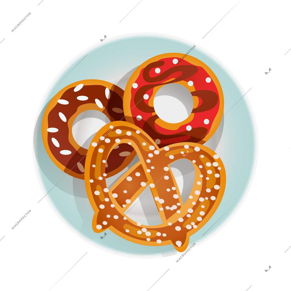 Sweet breakfast flat icon with pretzel and donuts on blue plate vector illustration