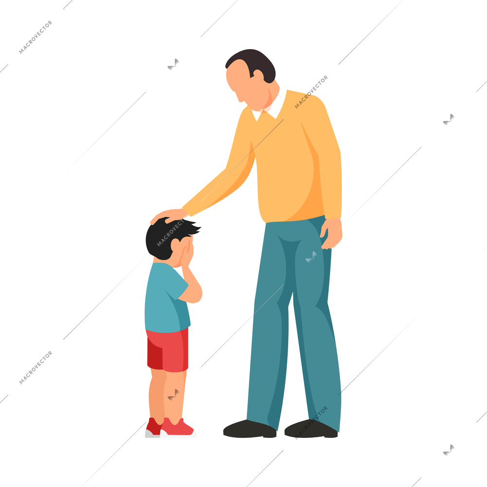 Father calming little crying son flat vector illustration