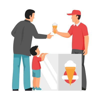 Father buying ice cream for little son flat vector illustration