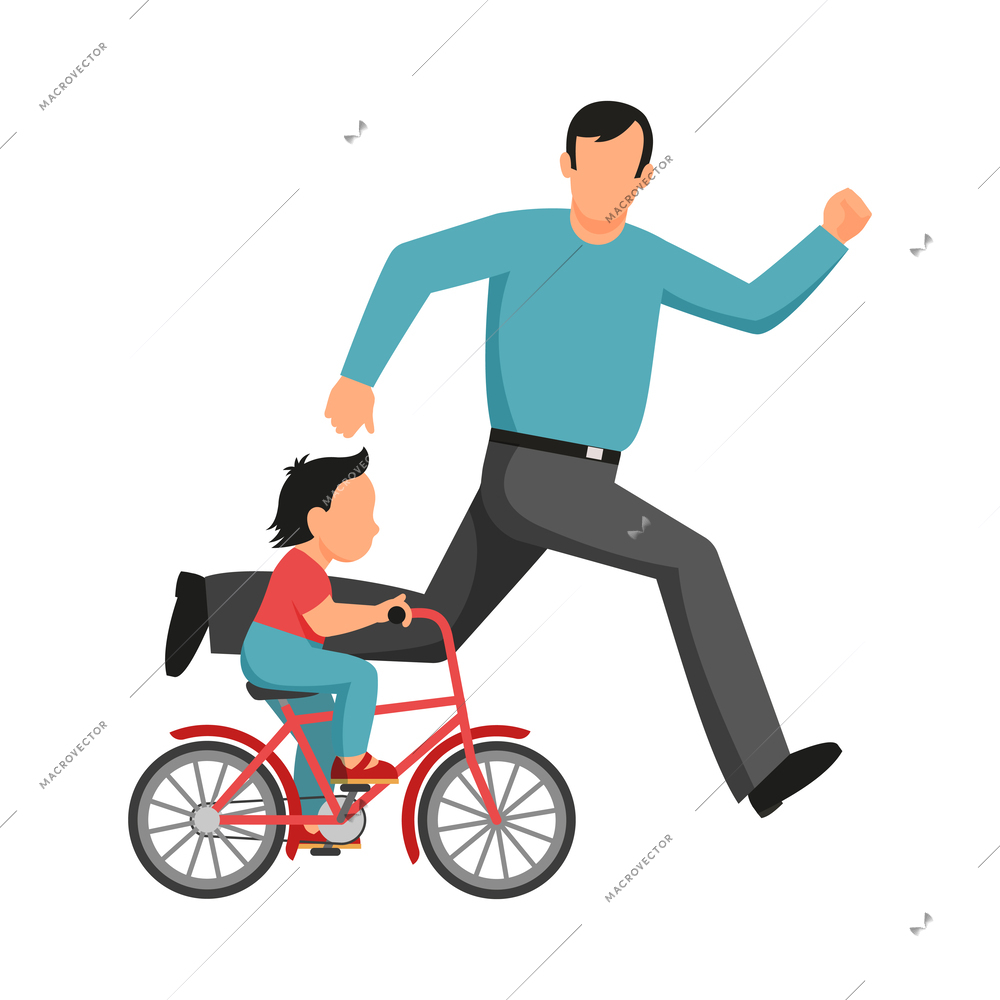 Little son riding bicycle while his father running near him flat vector illustration