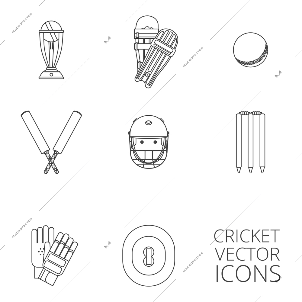 Cricket equipment icons set with keeping gloves and winner trophy sketch abstract black outlined isolated vector illustration