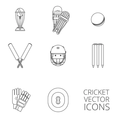 Cricket equipment icons set with keeping gloves and winner trophy sketch abstract black outlined isolated vector illustration