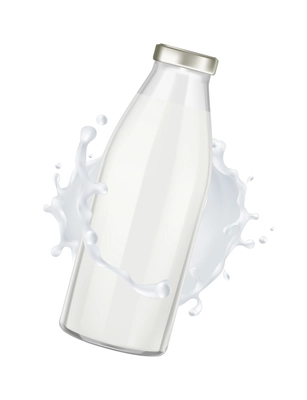 Transparent glass bottle of milk in milky splashes realistic vector illustration