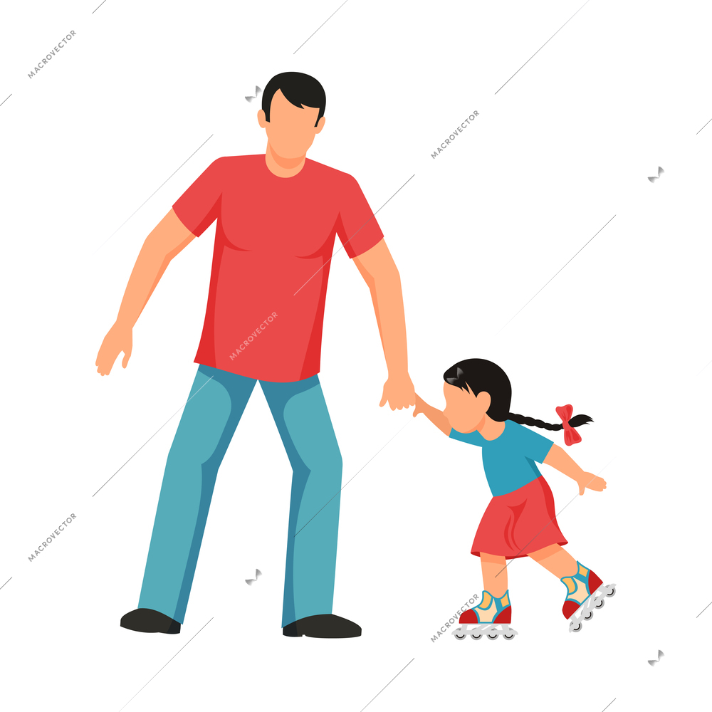 Father helping little daughter to learn to rollerskate flat vector illustration