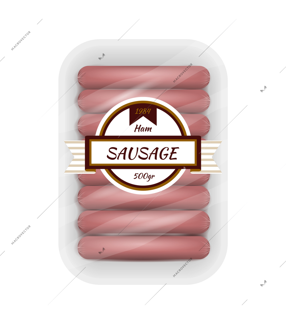 Fresh raw sausages plastic package realistic vector illustration