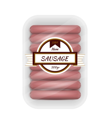 Fresh raw sausages plastic package realistic vector illustration