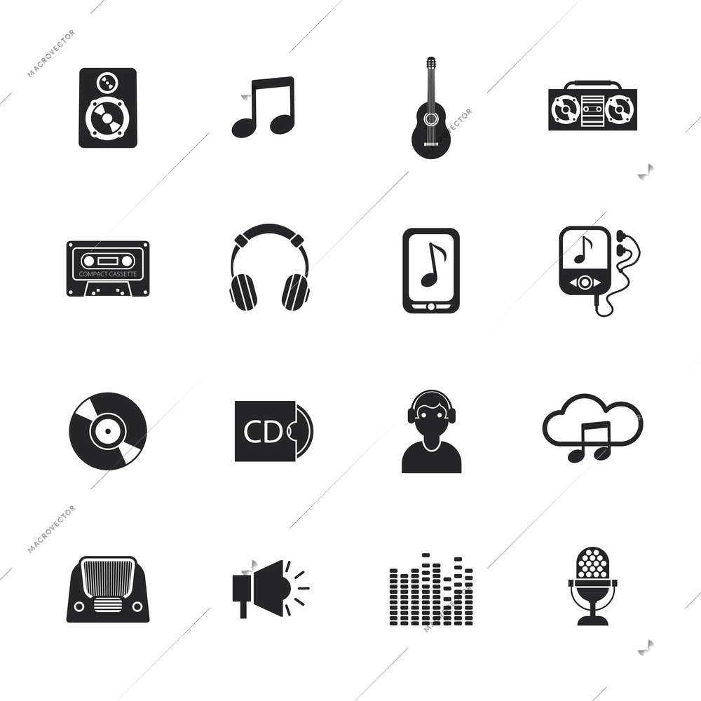 Mobile telephone navigation music symbols black pictograms collection with cd cassette player icon abstract isolated vector illustration