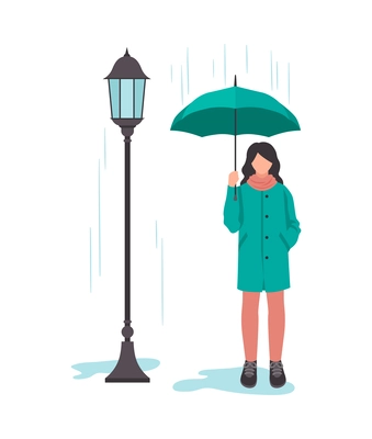 Bad rainy weather concept with woman standing with umbrella near lamp post flat vector illustration