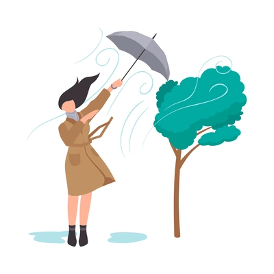 Bad rainy weather flat concept with woman holding umbrella under strong wind vector illustration