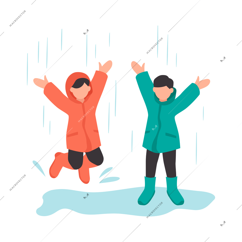 Flat rainy weather concept with happy children jumping in puddles vector illustration