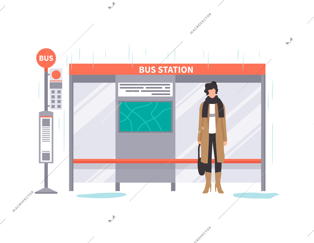 Bad rainy weather flat concept with woman standing at bus stop vector illustration