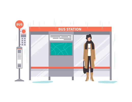 Bad rainy weather flat concept with woman standing at bus stop vector illustration