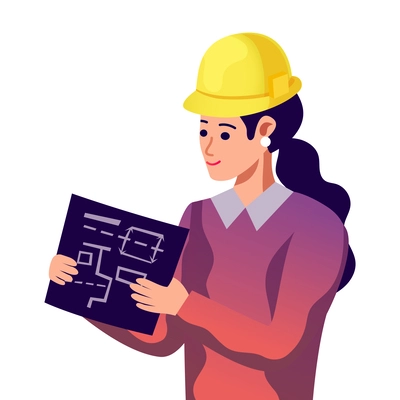 Flat smiling female engineer holding blueprint vector illustration