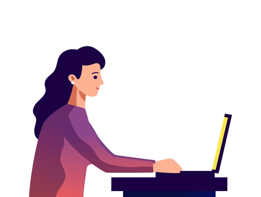 Young woman working on laptop side view flat vector illustration