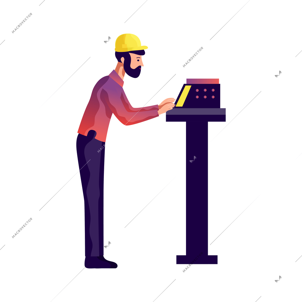 Male engineer or builder wearing harhat at work flat vector illustration