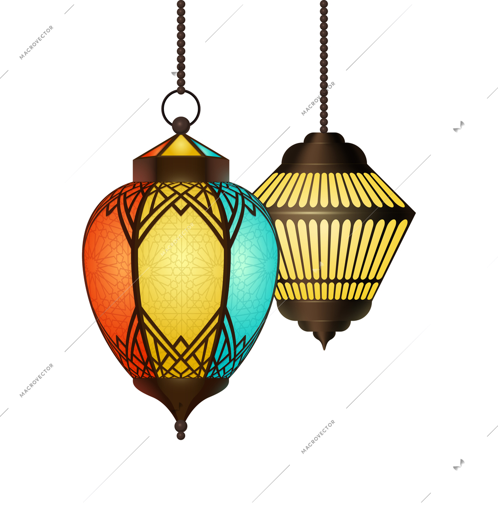 Realistic colorful ornamental arabic lanterns vector illustration