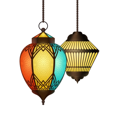 Realistic colorful ornamental arabic lanterns vector illustration