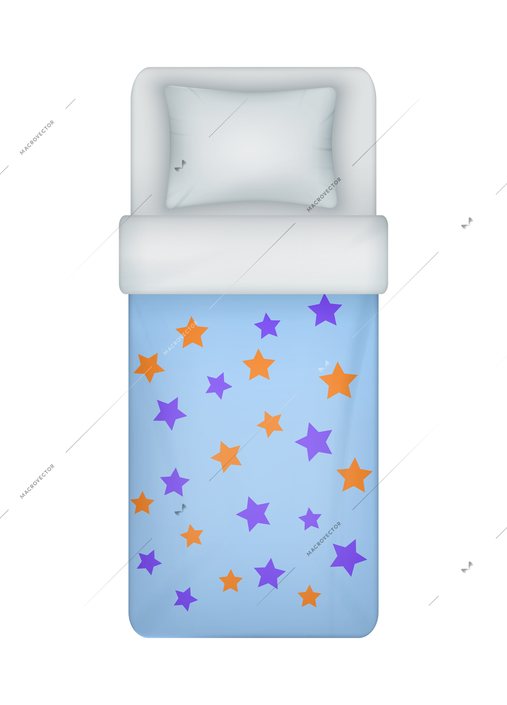 Realistic childish girl single bed bedding set with stars on blue blanket cover top view vector illustration