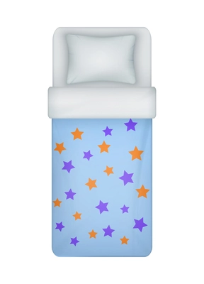 Realistic childish girl single bed bedding set with stars on blue blanket cover top view vector illustration