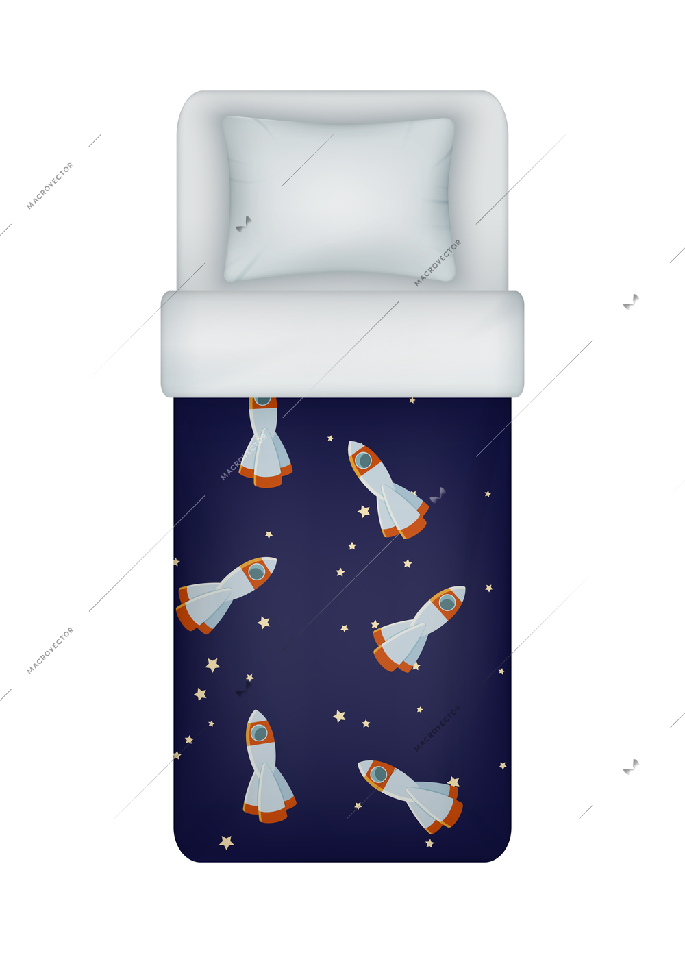 Realistic boy single bed bedding set with rockets on blanket cover top view vector illustration