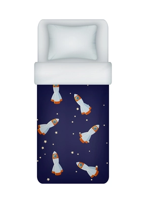 Realistic boy single bed bedding set with rockets on blanket cover top view vector illustration