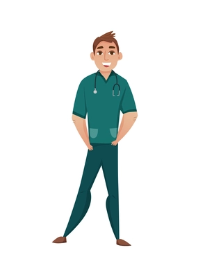 Happy male doctor in uniform with stethoscope flat vector illustration