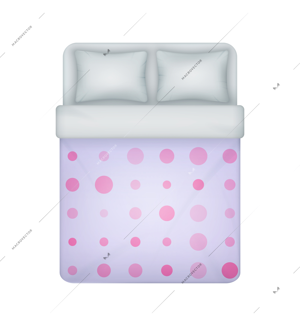 Realistic double bed bedding set with color blanket cover top view vector illustration