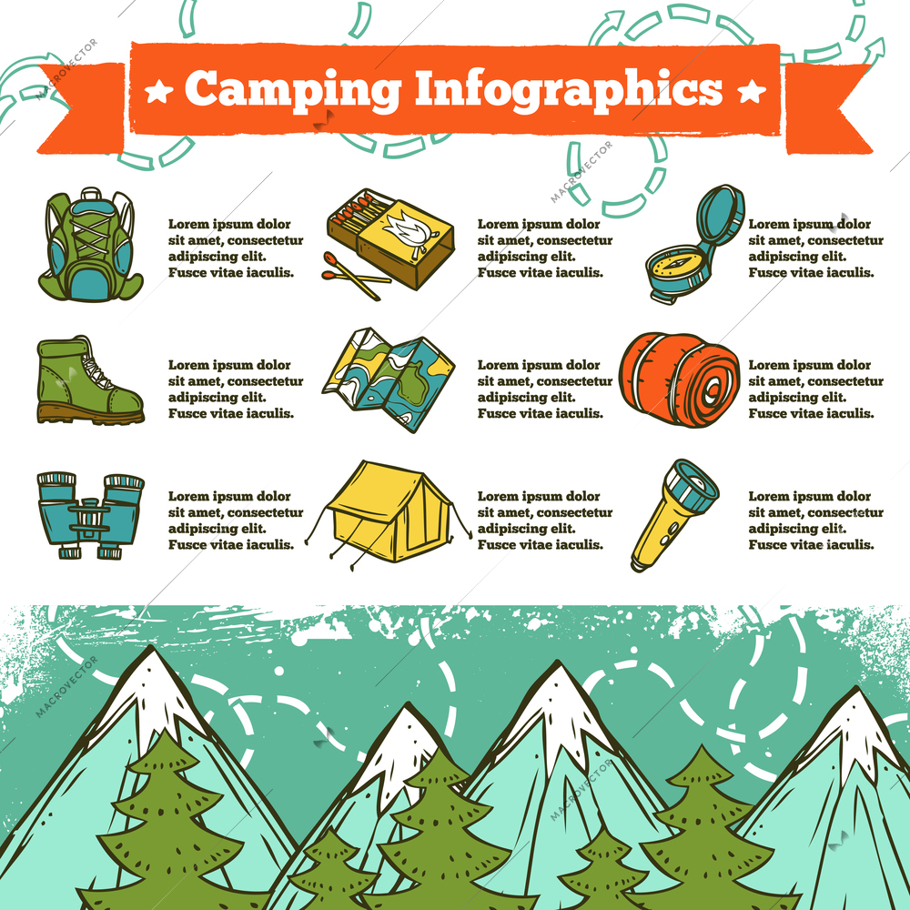 Camping infographics sketch set with outdoor recreation icons and mountains on background vector illustration