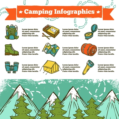 Camping infographics sketch set with outdoor recreation icons and mountains on background vector illustration