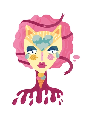 Human inner world psychological imaginary woman cat portrait with sweets and ice cream flat vector illustration