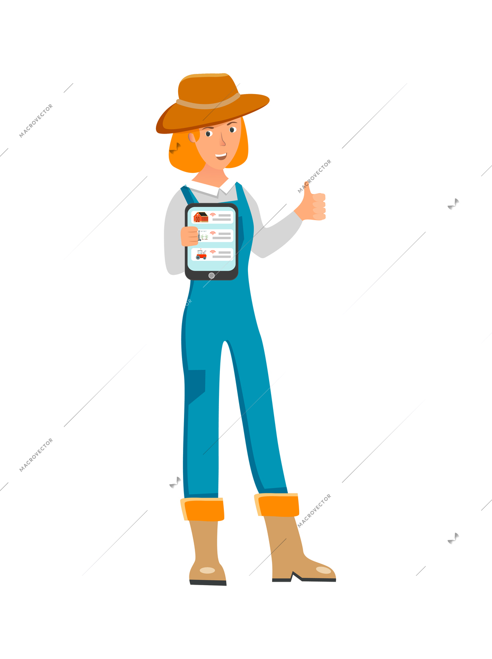 Smart farming flat icon with happy female farmer controlling work remotely on tablet vector illustration