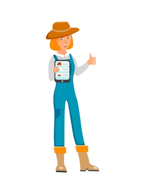 Smart farming flat icon with happy female farmer controlling work remotely on tablet vector illustration