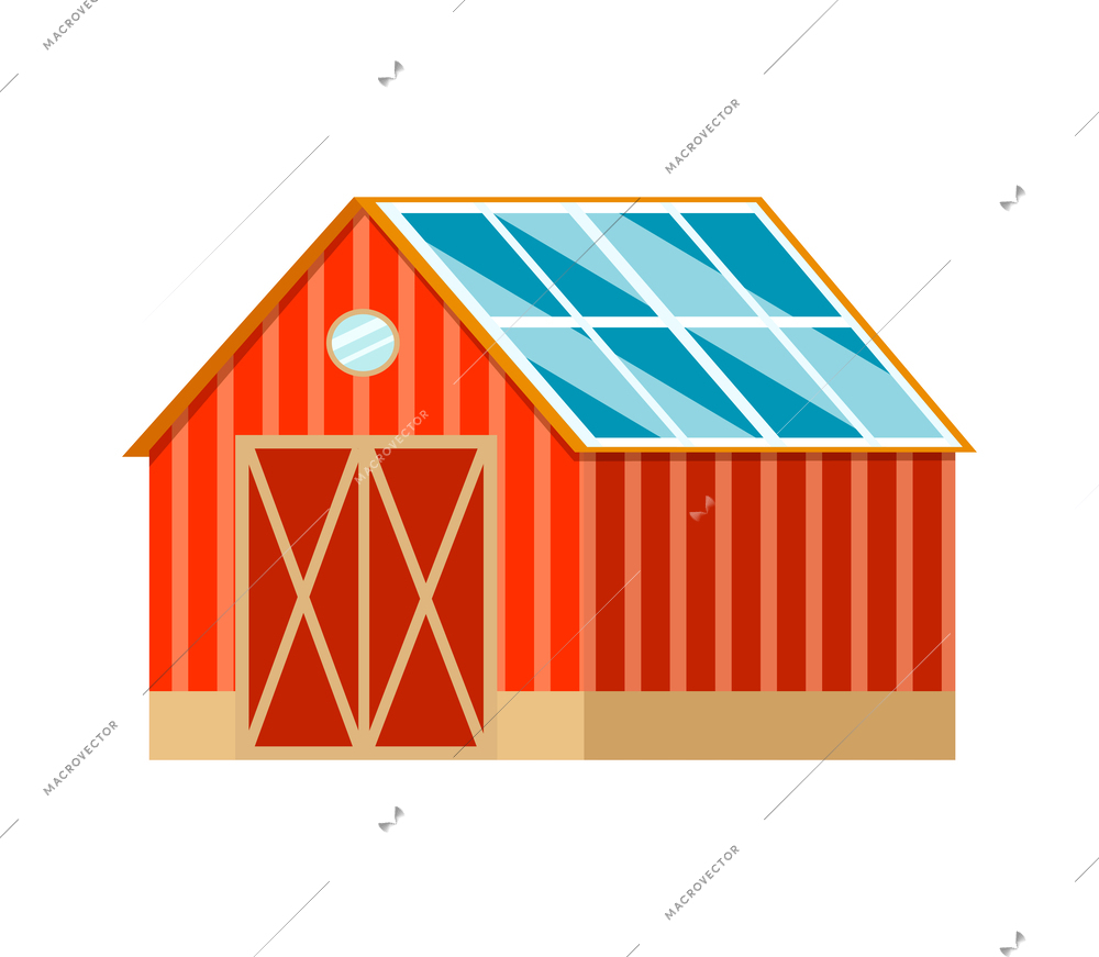 Flat smart farming icon with barn building with solar panels on roof vector illustration