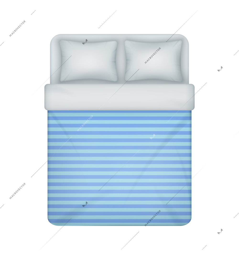 Realistic double bed bedding set with striped blue blanket cover top view vector illustration