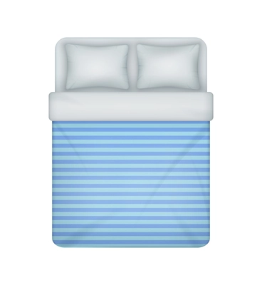 Realistic double bed bedding set with striped blue blanket cover top view vector illustration