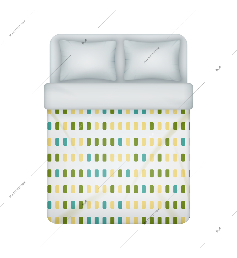 Realistic double bed bedding set with colorful blanket cover top view vector illustration