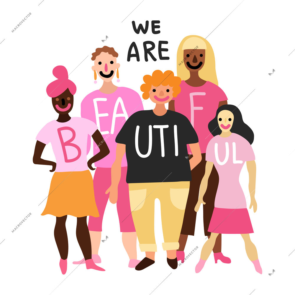 Feminism doodle concept with women of different nationalities vector illustration