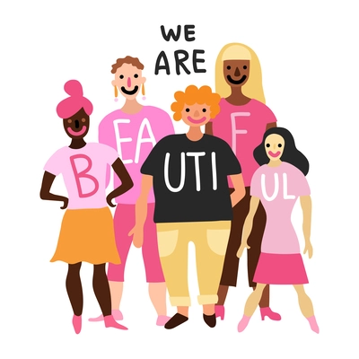 Feminism doodle concept with women of different nationalities vector illustration