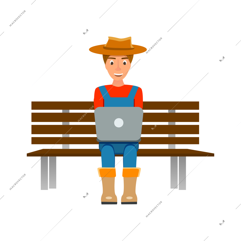 Smart farming flat icon with happy farmer using laptop vector illustration