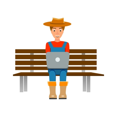 Smart farming flat icon with happy farmer using laptop vector illustration