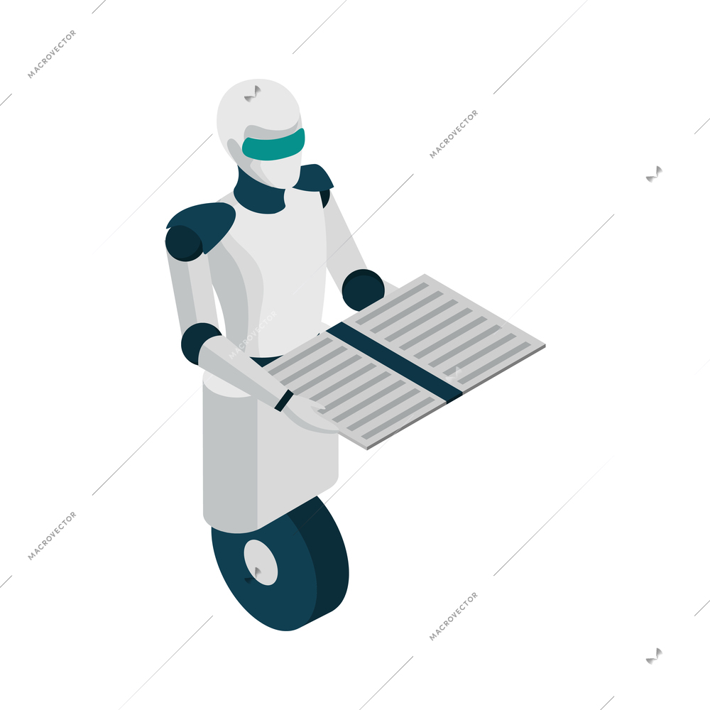 Robot writer with papers artificial intelligence isometric icon vector illustration