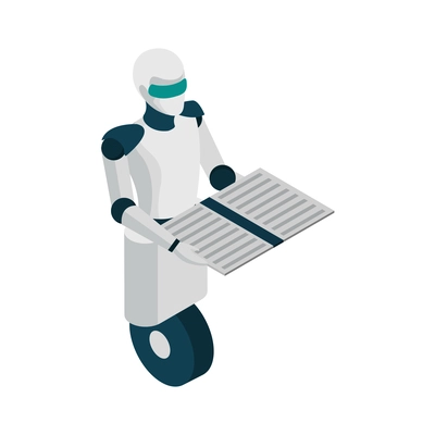 Robot writer with papers artificial intelligence isometric icon vector illustration