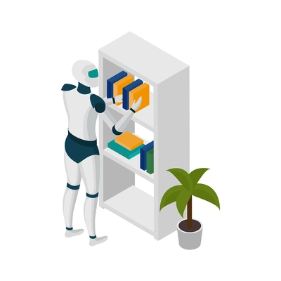 Robot arranging books on shelves artificial intelligence isometric icon vector illustration