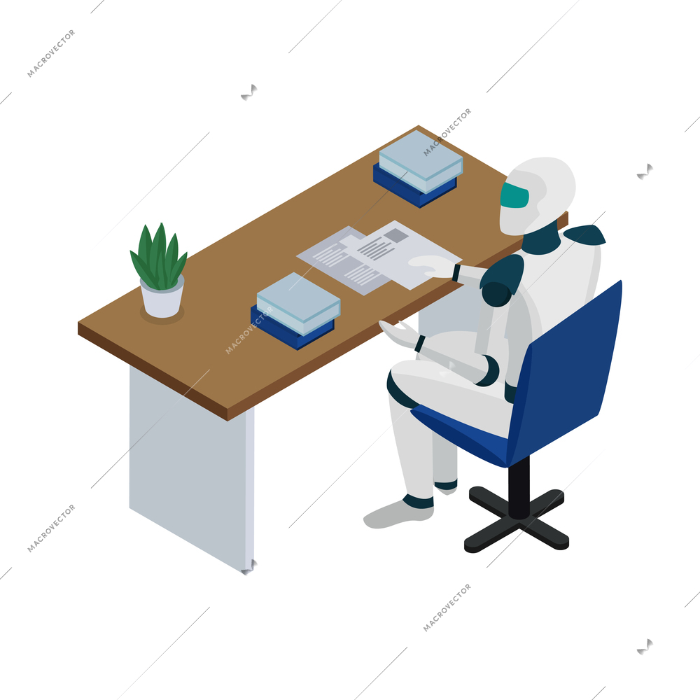 Robot office worker artificial intelligence isometric icon vector illustration