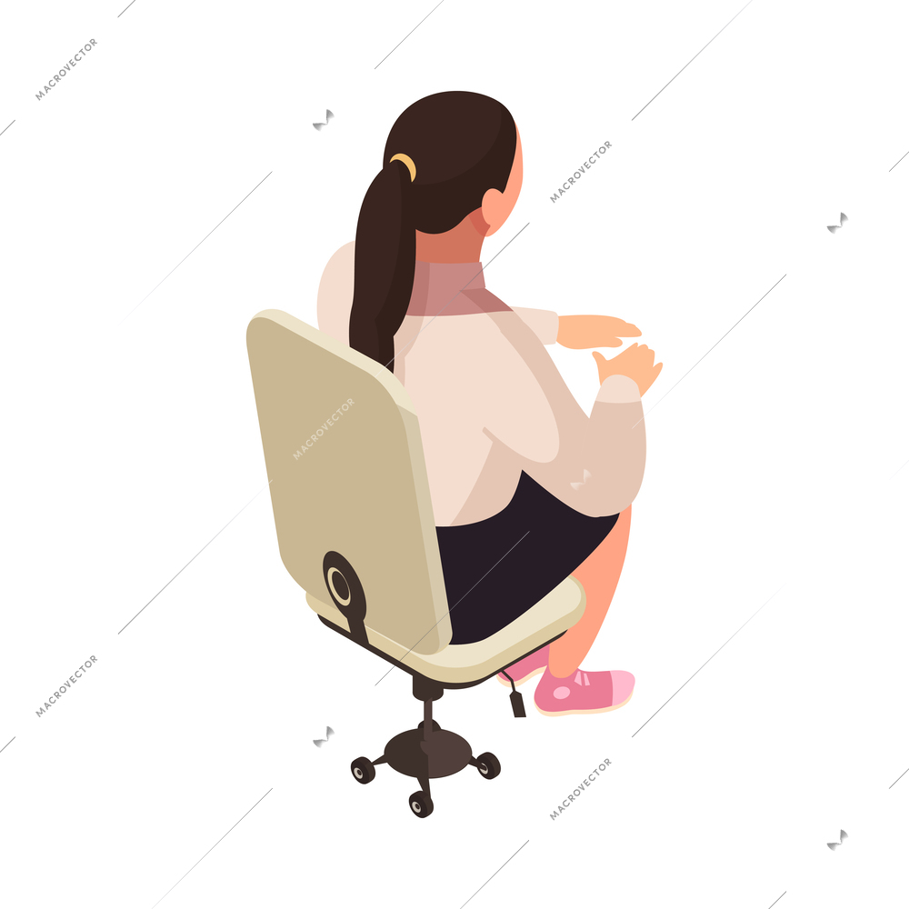 Female office worker at her workplace on computer chair isometric icon vector illustration