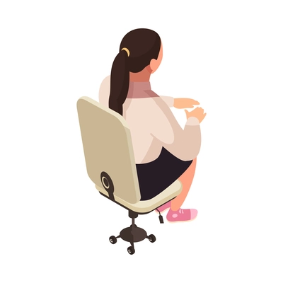 Female office worker at her workplace on computer chair isometric icon vector illustration