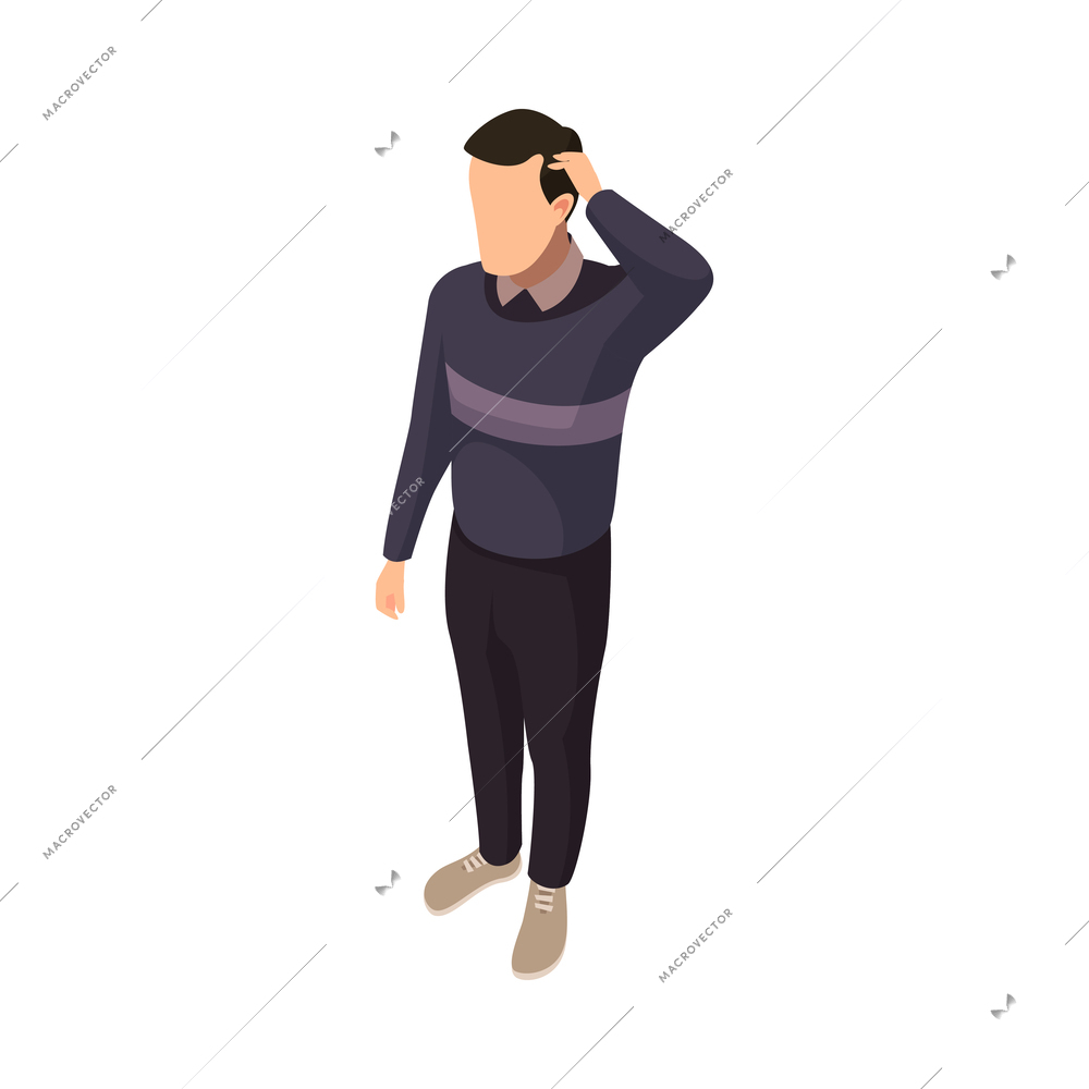 Man scratching his head isometric faceless human character on white background vector illustration