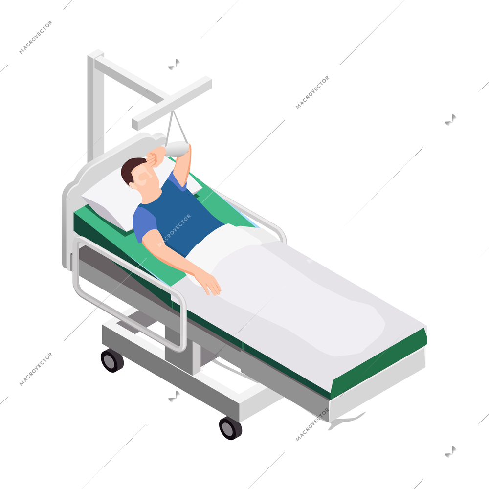 Man during rehabilitation period on hospital bed isometric icon vector illustration